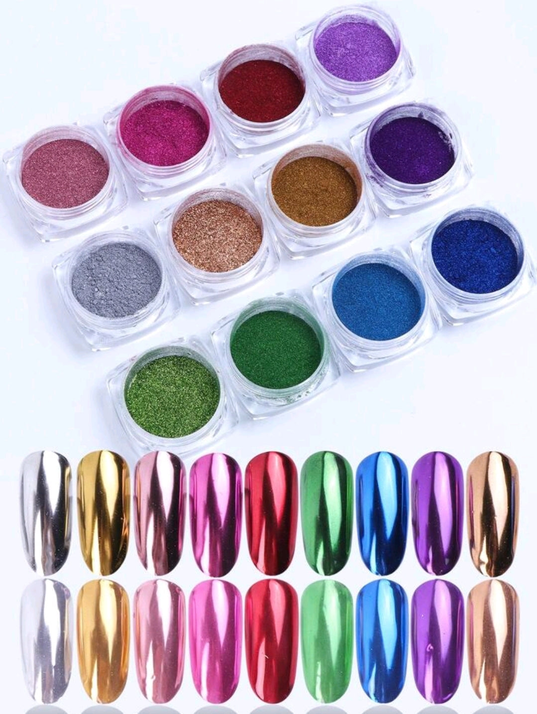 Set of 12 Jars - Solid Mirror Chrome Nail Powder