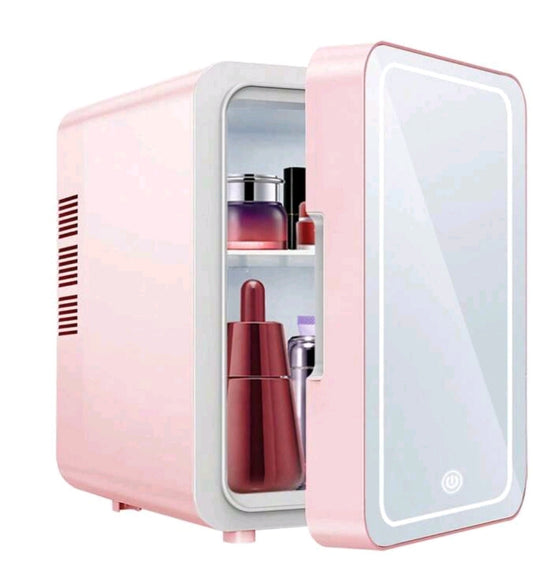 Skincare Mini Fridge - Dimmable LED Mirror (4L/6 Can), Cooler & Warmer - For Refrigerating Makeup, Skincare, Food